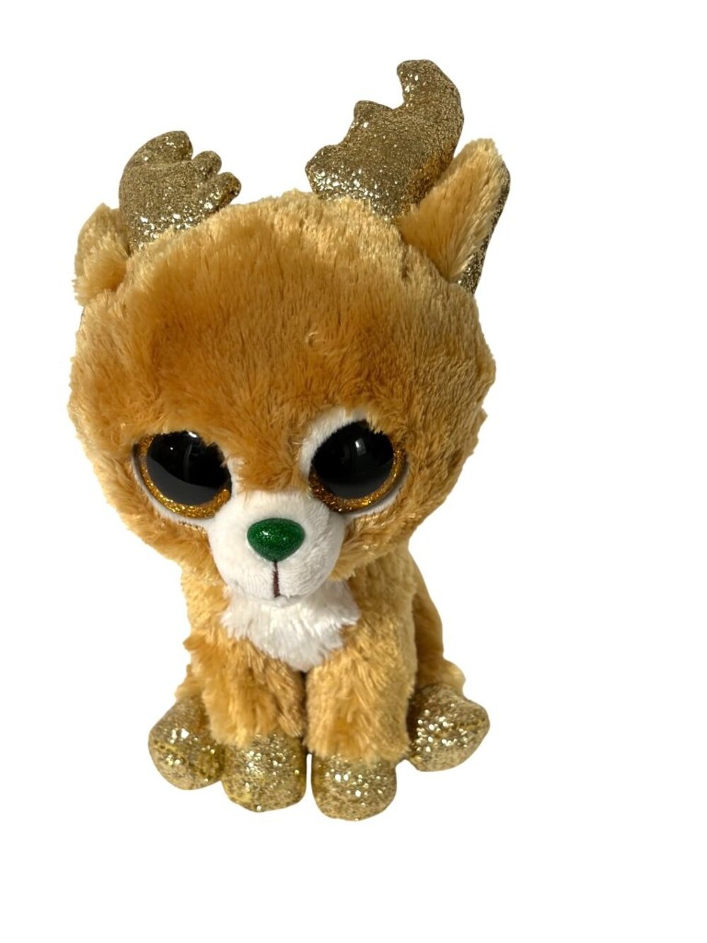 Ty Beanie Boos Plush Glitzy Reindeer 6 in tall Gold Sparkle Eyes HOrns Hoof Beig